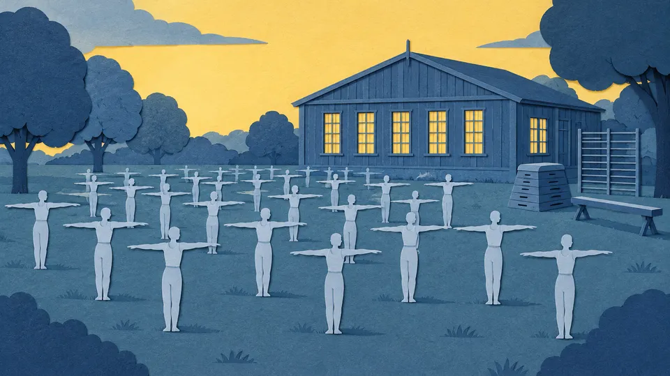 Papirklip-illustration af en gammel gymnastiksal med ribbe, bom og bolde i lag af farvet papir